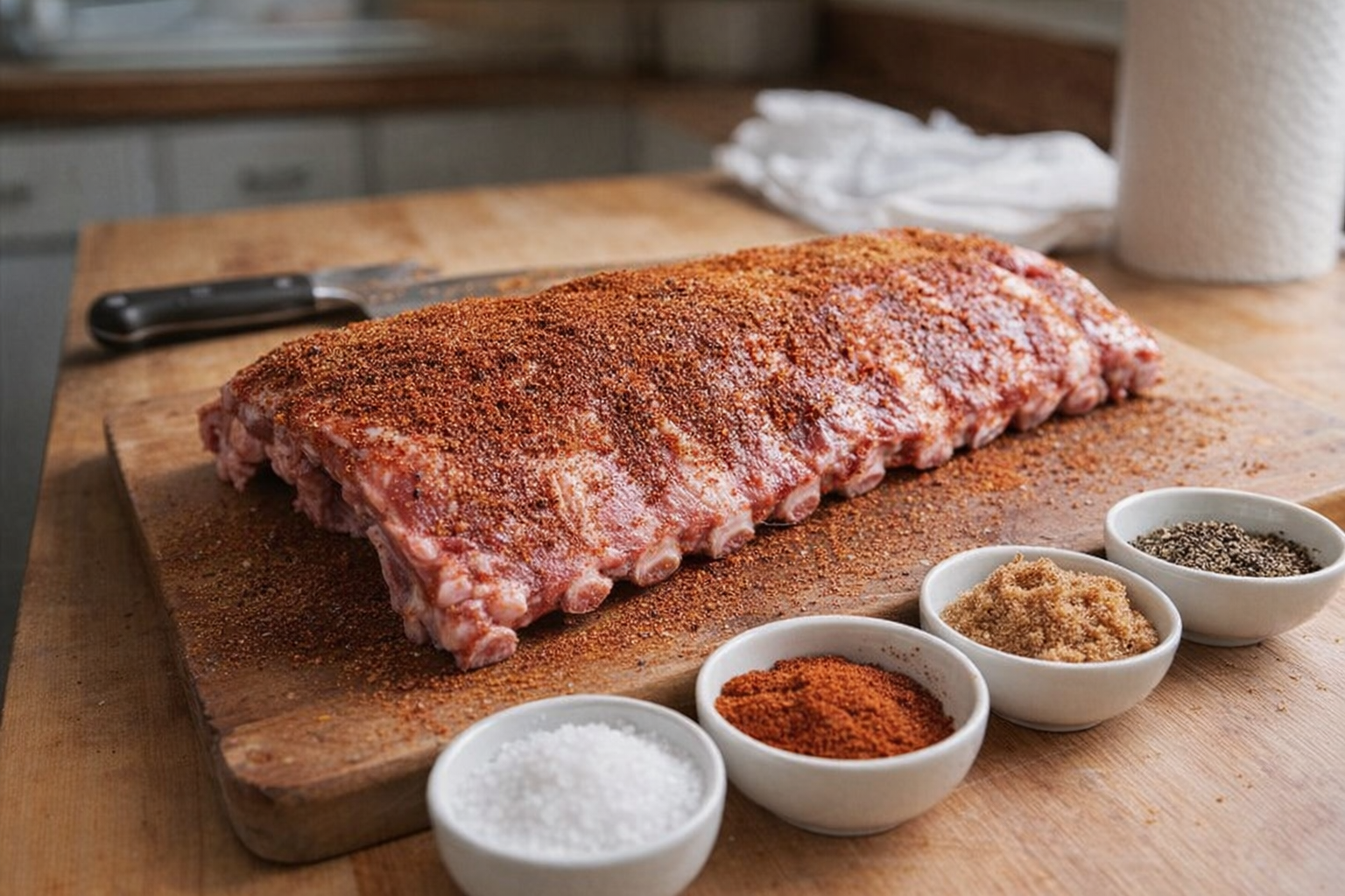 A close-up shot of raw baby back ribs on a cutting board, dry rub ingredients in small bowls nearby, knife and paper towels visible